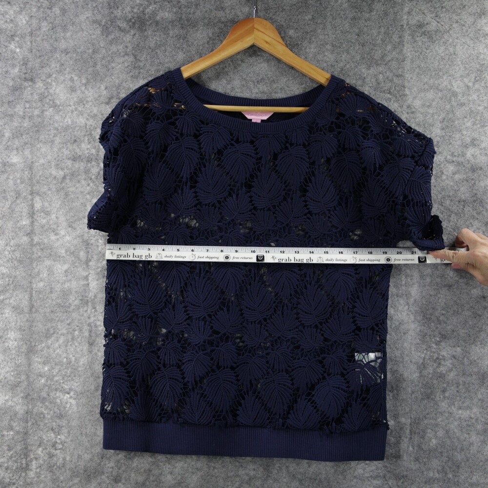 Lilly Pulitzer Shirt Top Womens Small Dark Blue Palm Tree Lace Open Knit - Picture 6 of 10